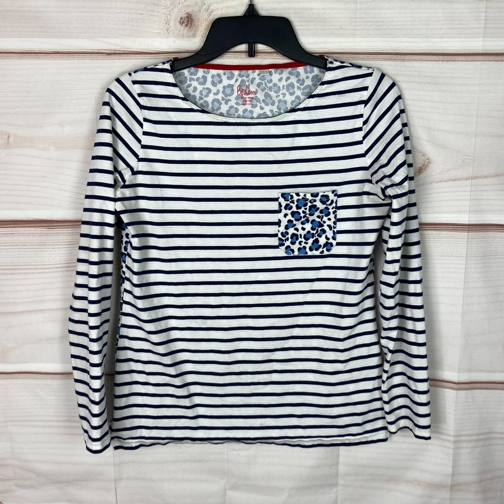 Boden Top Women US 8 Blue Stripes Ahead Of The Rest Leopard Print T-Shirt Cotton